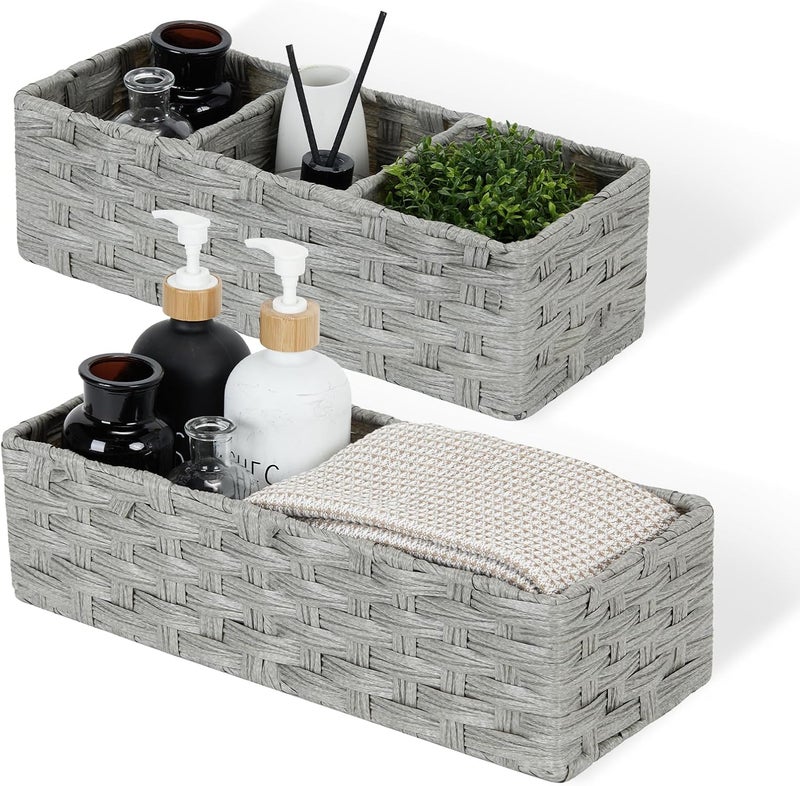 DULLEMELO Toilet Tank Basket, Set of 2 Plastic Wicker Bathroom Baskets for Organizing, Waterproof Toilet Paper Storage Basket for Bathroom, Light Grey - Image 1